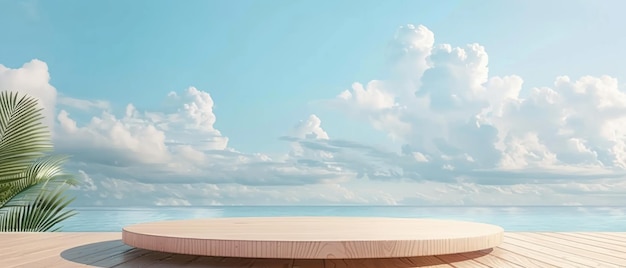 Summer background for empty minimal wooden stage design 3d wood podium product display platform scene with sea beach sky cloud