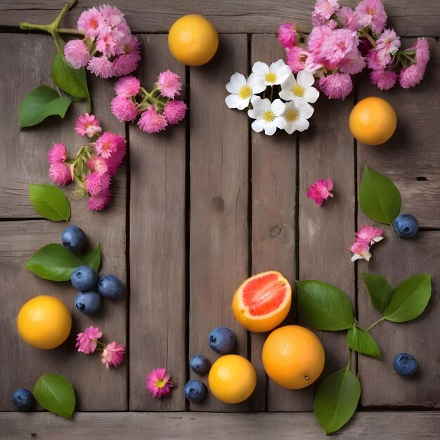 summer background fruit flowers on an old wooden table