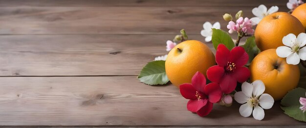 summer background fruit flowers on a wooden