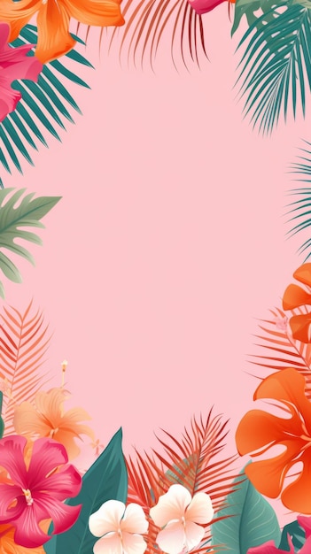 Summer background of Pink background adorned with vibrant tropical flowers and lush green leaves