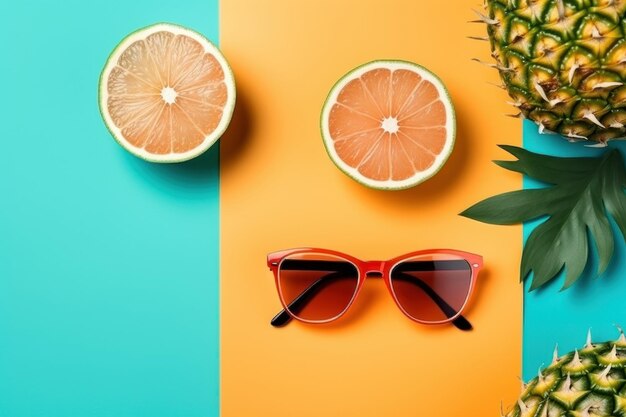 Summer background sunglasses pineapple flat lay Generative AI