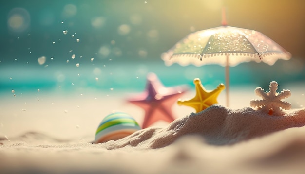 Summer background with beach scene with a beach umbrella and a starfish on the sand and bokeh