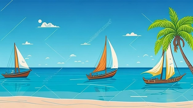 Summer background with beach view with sailboats