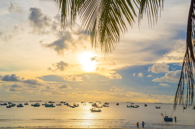 Summer background with coconut trees and sunset warm tone Beautiful coconut palm tree in sunny day background Travel tropical summer beach holiday