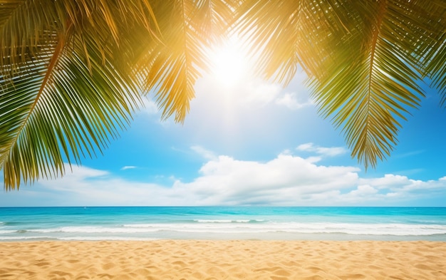 Summer background with frame nature of tropical golden beach with rays of sun light and leaf palm