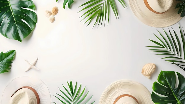 Summer background with hat palm leaves and seashells Flat lay Generative AI illustrations