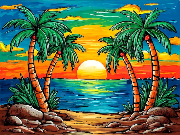 Summer background with sunset and palm trees