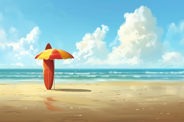 Summer background with surfboard and umbrella