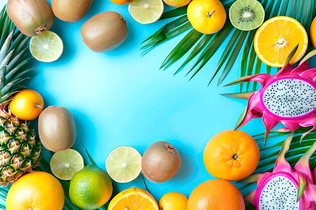 Summer background with tropical fruits kiwi lemon orange dragon fruit pineapple on light blue