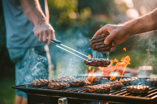 Photo summer backyard barbecue party with friends grilling burgers over flames