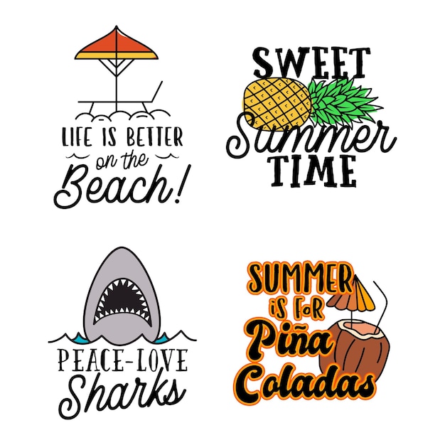 Summer badges set with different quotes and sayings Summer is for Pina Coladas Retro beach logos VIntage surfing labels and emblems Stock graphics