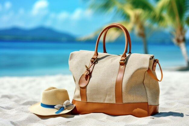 Summer Bag On Tropical Sand Accessories Hat Towel With Leaves Palm And Blue Sea