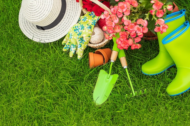 Summer banner flat lay with flowers and garden tools on the grass under the sun