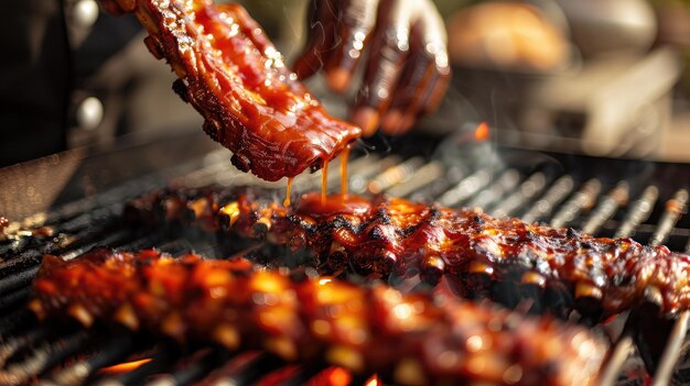 Summer barbecue chef grilling ribs and chicken basting with sauce