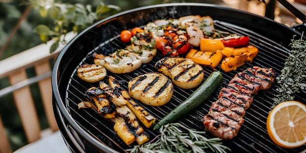 Photo summer barbecue with grilled vegetables and drinks