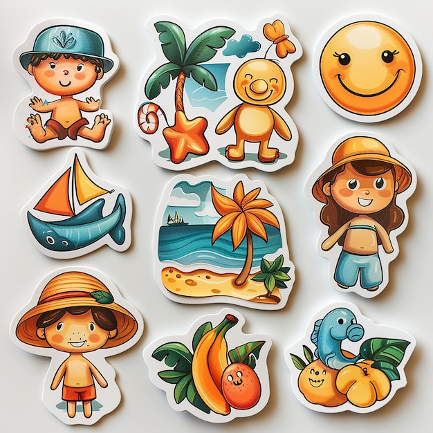 Photo summer beach cartoon die cut sticker set card