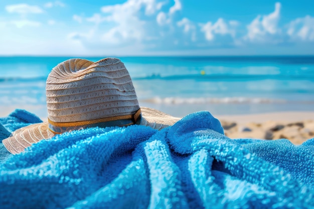 Summer Beach Hat on Blue Towel