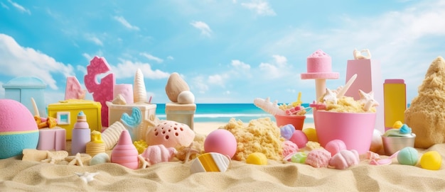 Summer beach holiday banner concept beach accessories on white sand Created with Generative AI technology