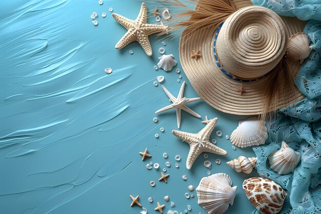 Summer Beach Holiday Concept with Straw Hat Starfish and Seashells Perfect for Travel Posters and Vacation Designs