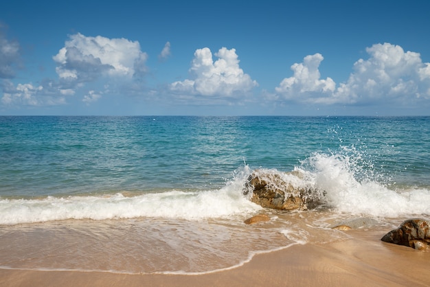 Summer  beach Ocean view with blue sky , white sand  and wave