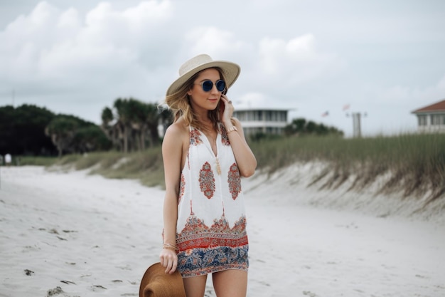 Summer beach outfit with a mix of nautical and boho chic influences created with generative ai