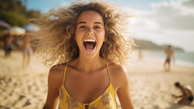 Summer beach portrait of excited blonde woman smiling broadly