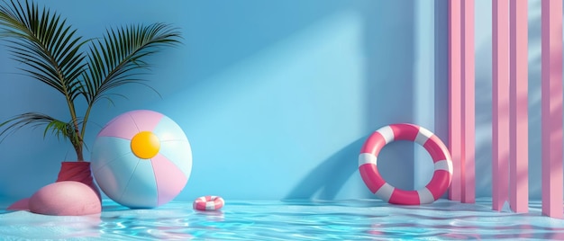 Summer Beach Scene With Palm Tree and Inflatable Toys