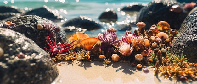 Summer beach scene with vibrant coral reef thrives on shallow shoal