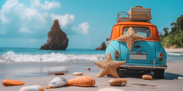 Photo summer beach scene with a vintage van straw hat orange backpack starfish and pebbles on sandy shore ocean and rocky cliffs backdrop ideal for a beach holiday and road trip