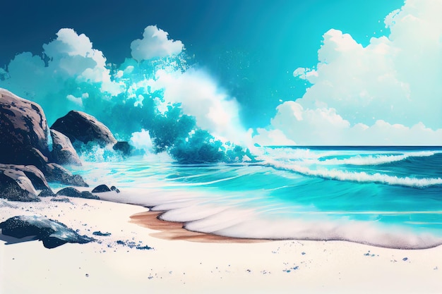 Summer beach seascape and sea wave runs over the sandy shore Created with Generative AI technology