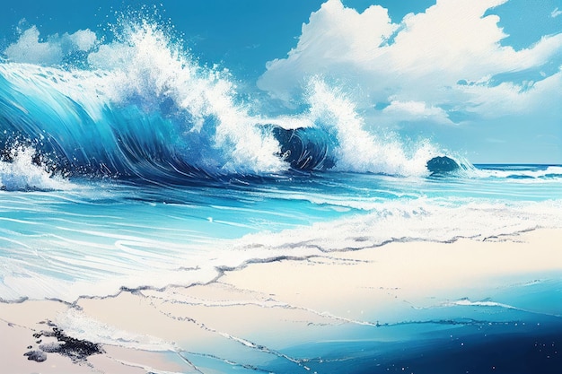 Summer beach seascape and sea wave runs over the sandy shore Created with Generative AI technology