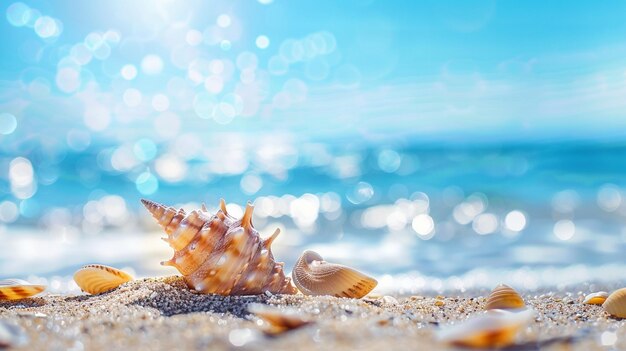 Summer beach and shells with blurred blue sea and sky