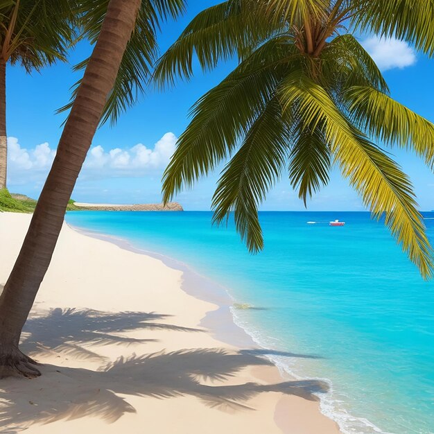 Summer beach at sunny day with blue sky and blue ocean generated by AI