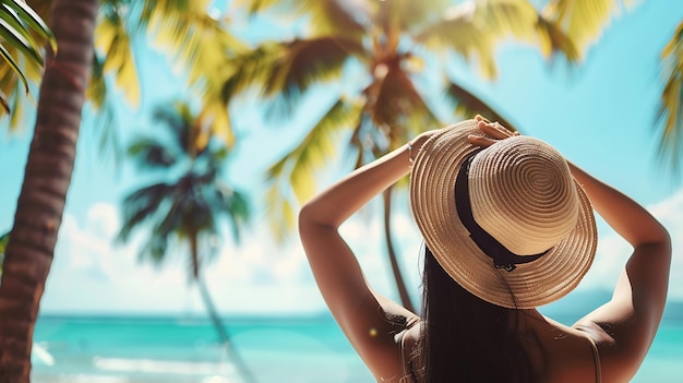 Summer beach vacation concept Happy woman with hat relaxing at the seaside and looki Generative AI