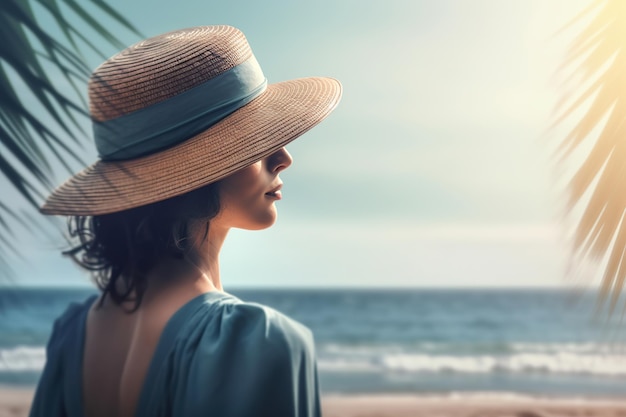 Summer beach vacation concept Woman with hat relaxing at the seaside and looking away Generative AI