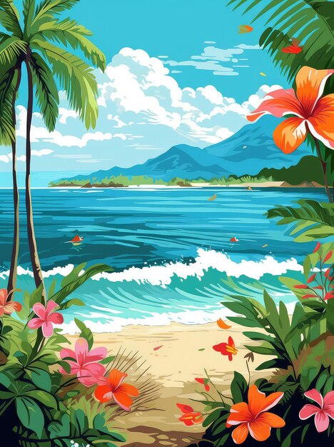 Summer beach with palm trees and tropical flowers