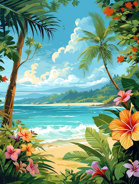 Summer beach with palm trees and tropical flowers