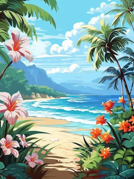 Summer beach with palm trees and tropical flowers