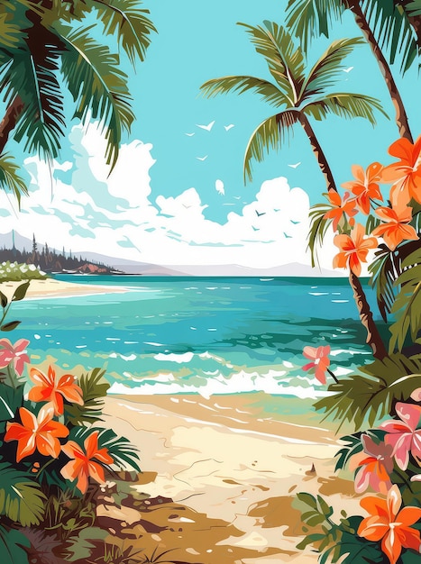 Summer beach with palm trees and tropical flowers