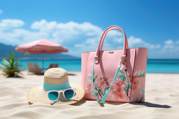 summer beach with travel accessory 3d render suitcase 3d illustration