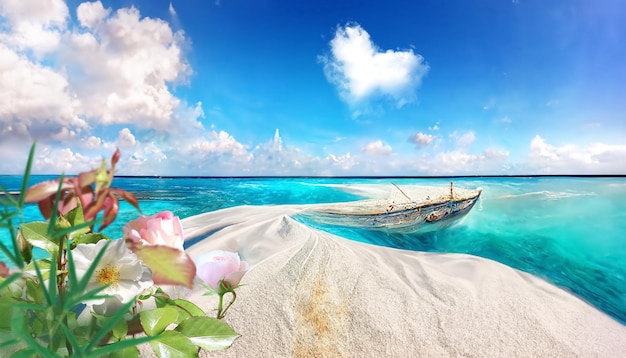 summer beaches blue sky ,whute clouds in heart shape exotic flowers and palm tree  on sea wave