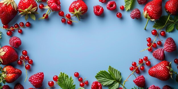 Photo summer berries on blue background flat lay banner with copy space