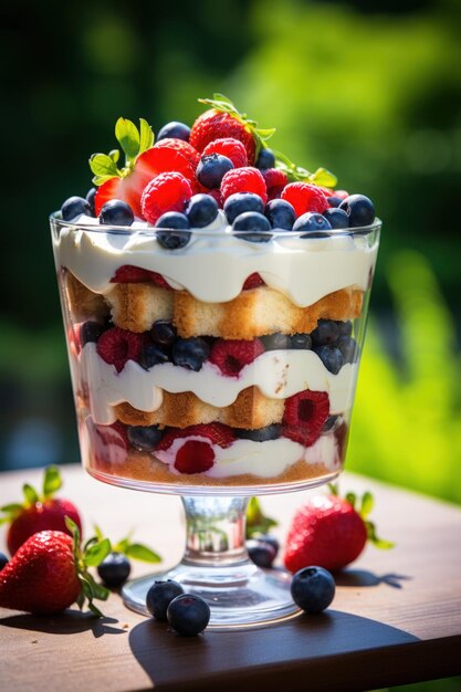 Photo summer berry trifle served in a chilled glass and garnished dessert photography best for banners flyers and posters