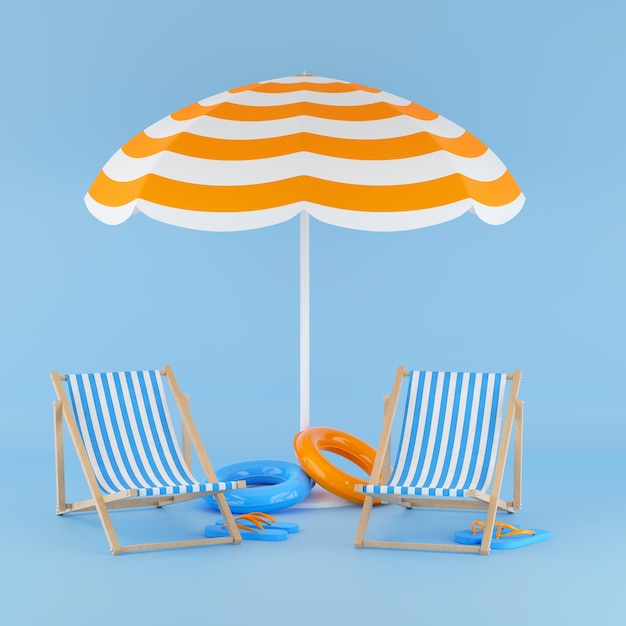 Summer blue background Beach chair inflatable ring sun umbrella flip flop