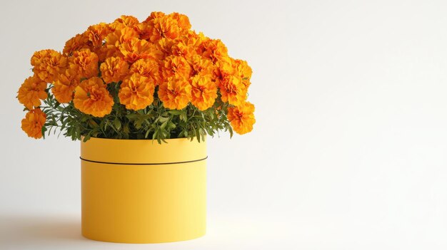 A summer bouquet of marigolds in a yellow box isolated on a white background