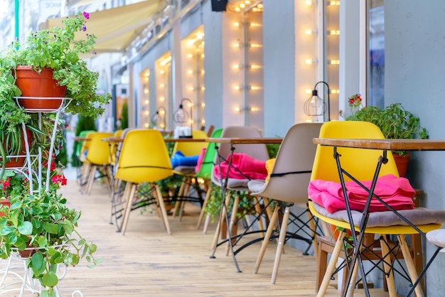 Summer cafe on the street Tables and chairs without people