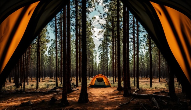 Summer camp in the pine forestview of camping tents among the pine trees generative ai