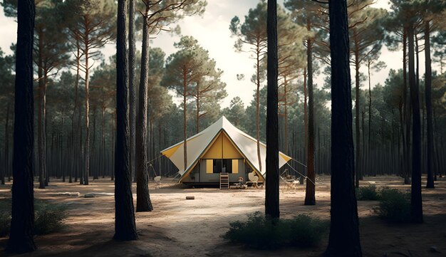 Summer camp in the pine forestview of camping tents among the pine trees generative ai