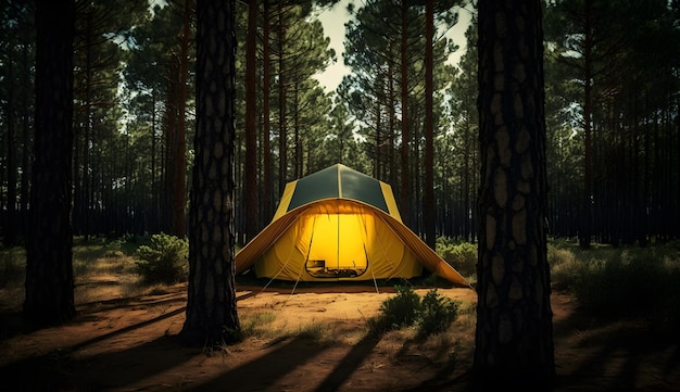 Summer camp in the pine forestview of camping tents among the pine trees generative ai