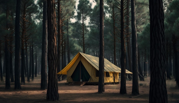 Summer camp in the pine forestview of camping tents among the pine trees generative ai